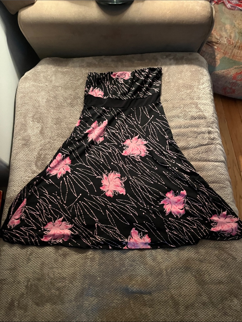 Strapless Black Maxi Dress with Pink Floral Print